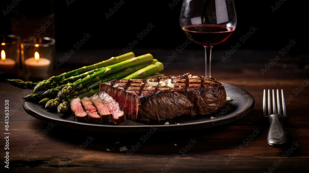 Photograph of a medium-rare New York strip steak with a side of roasted asparagus and a glass of red wine, on a dark wooden table against a clear background Photograph of a medium-rare New York strip steak with a side of roasted asparagus and a glass of red wine, on a dark wooden table against a clear background