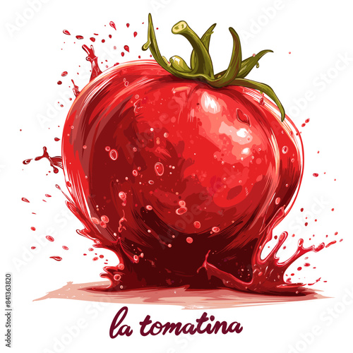red ripe tomato with tomato splashes, isolated, flat vector illustration, caption la tomatina