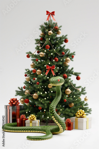 A cute cartoon green snake in a Santa hat is sitting next to the Christmas tree. An illustration of a New Year's animal on a white background. © Irina