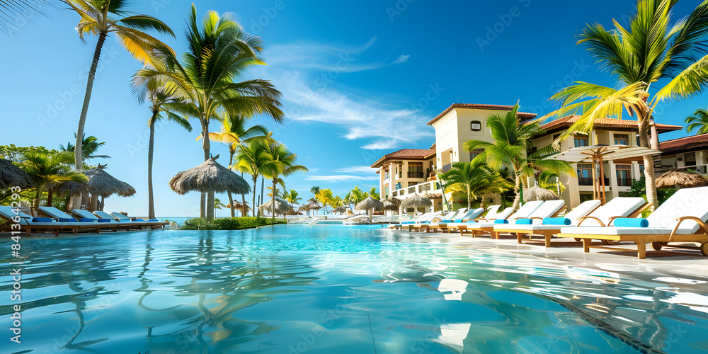Luxurious resort pool with sun loungers and palm trees under a clear blue sky Luxurious resort pool with sun loungers and palm trees under a clear blue sky