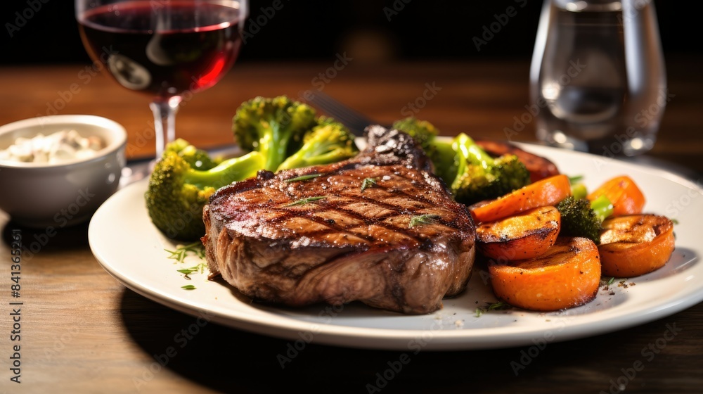 Photograph of a perfectly cooked ribeye steak on a white plate, with a side of roasted vegetables and a glass of red wine. Photograph of a perfectly cooked ribeye steak on a white plate, with a side of roasted vegetables and a glass of red wine.