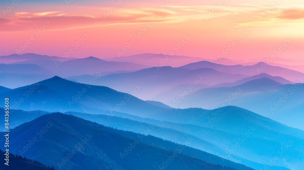 Misty Mountain Landscapes at Captivating Dawn with Pastel Skies and Layered Ridges Fading into Serene Distance