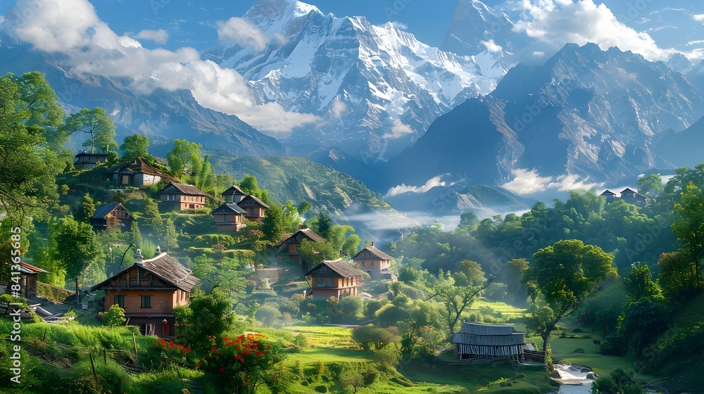Majestic Mountain Village Nestled in a Lush Alpine Valley with Towering Snow Capped Peaks and Serene Natural Surroundings Majestic Mountain Village Nestled in a Lush Alpine Valley with Towering Snow Capped Peaks and Serene Natural Surroundings