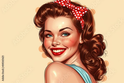 Colorful artwork of a smiling pin-up girl in retro style with a polka-dot headband