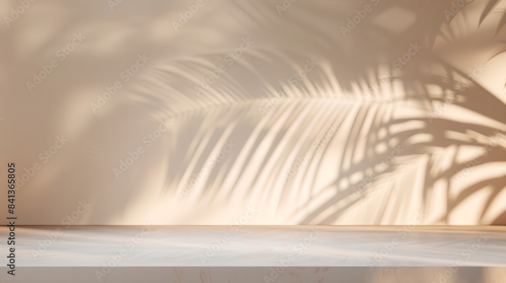 Minimalistic background with palm leaf shadow on beige wall for product advertising, mock up with copy space