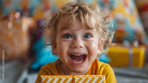 Joyful Child Excitedly Unwrapping Birthday Present with Big Smile