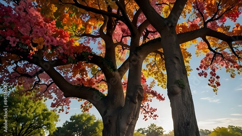 Imagine a tree bursting with the most beautiful flowers you've ever seen. Each petal is a different hue, creating a stunning rainbow of colors. And perched on its branches are a variety of birds, addi photo