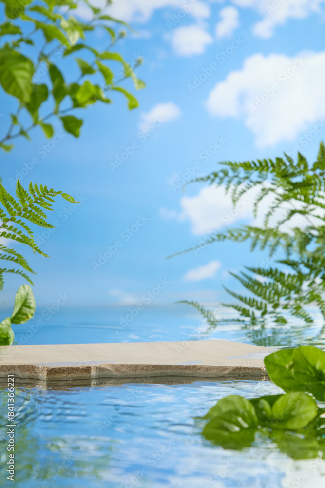 An empty large stone pedestal lies in the middle of the lake with many green plants growing on both sides, in back is the clear blue sky with some white clouds. Template photo has space for design An empty large stone pedestal lies in the middle of the lake with many green plants growing on both sides, in back is the clear blue sky with some white clouds. Template photo has space for design