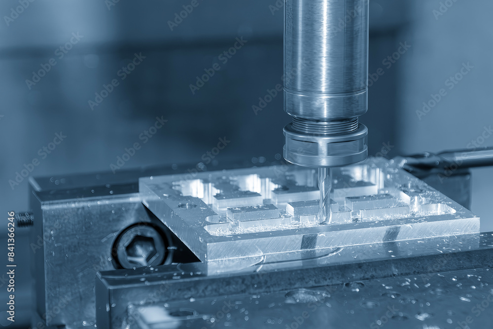 The CNC milling machine cutting aluminum part by solid flat end mill tool. The CNC milling machine cutting aluminum part by solid flat end mill tool.