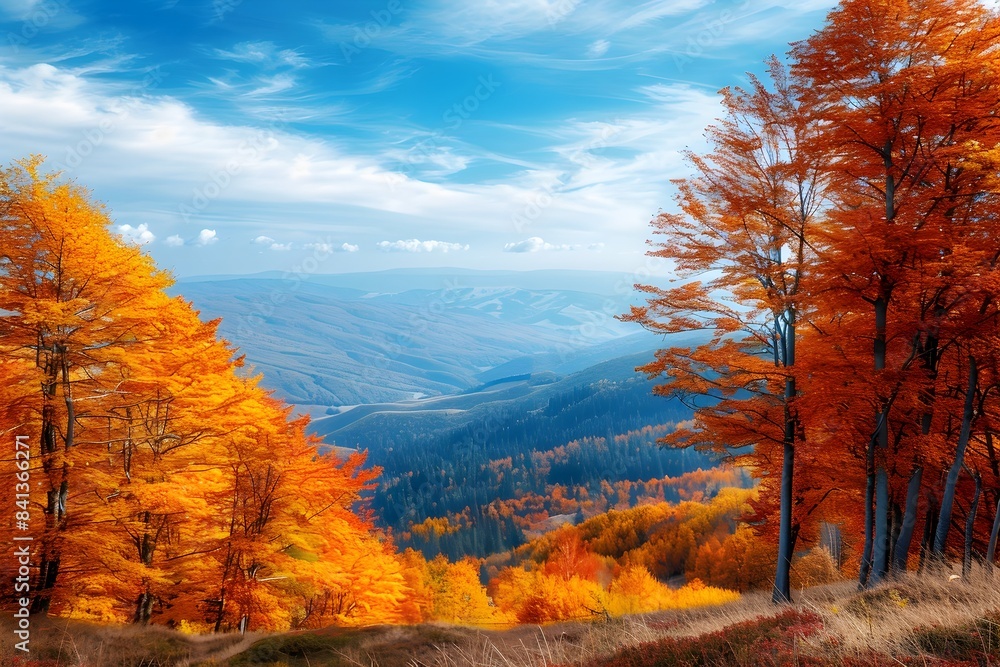 Vibrant Autumn Overlook of a Scenic Valley with Colorful Foliage under a Bright Blue Sky Vibrant Autumn Overlook of a Scenic Valley with Colorful Foliage under a Bright Blue Sky
