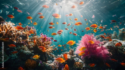 Vibrant Underwater Coral Reef Teeming with Colorful Marine Life and Aquatic Flora