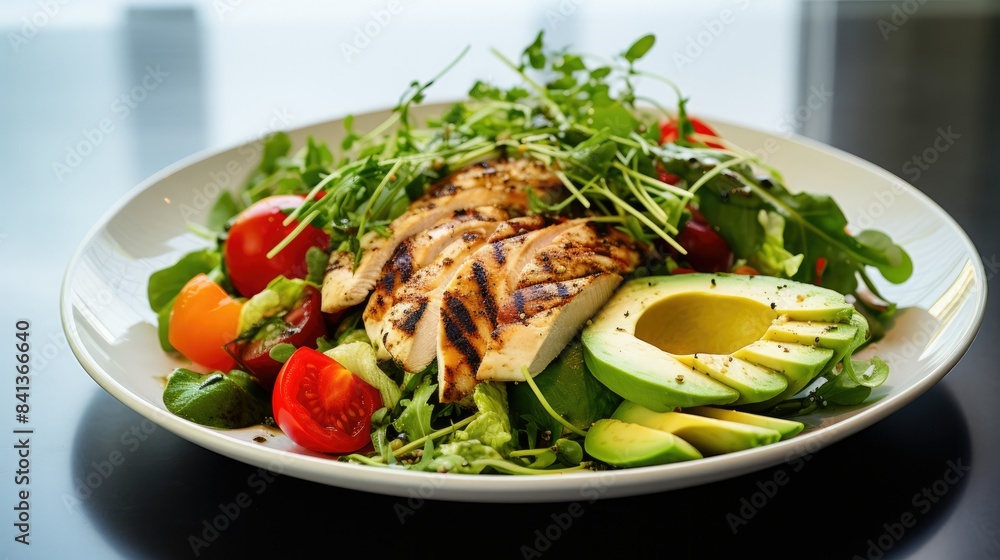 Photograph of a refreshing and light lunch salad featuring grilled chicken, mixed greens, avocado, and a zesty vinaigrette, presented on a crisp white plate with ample space for text overlay. Photograph of a refreshing and light lunch salad featuring grilled chicken, mixed greens, avocado, and a zesty vinaigrette, presented on a crisp white plate with ample space for text overlay.