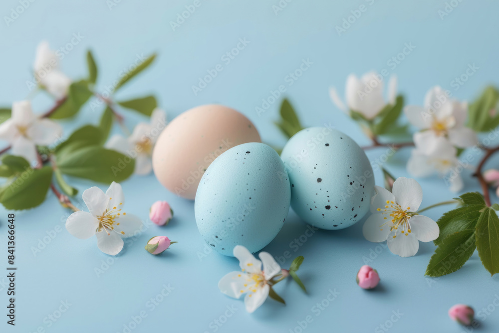 Colorful eggs, with flowers and leaves, in a closeup on a blue background, minimalist and monochromatic aesthetics, pastel academia Colorful eggs, with flowers and leaves, in a closeup on a blue background, minimalist and monochromatic aesthetics, pastel academia