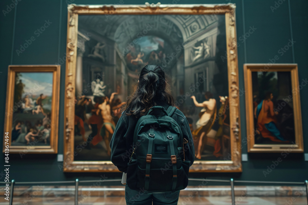 a woman standing in front of a painting a woman standing in front of a painting