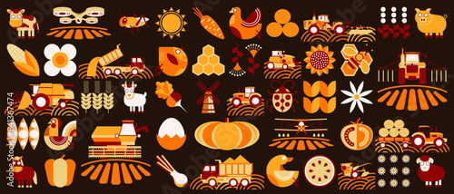 Summer pattern. Agriculture, animal husbandry. Ancient mosaic style. Simple geometric shapes. Textile background of grain, poultry, domestic animals, beekeeping, agricultural machinery, flowers.