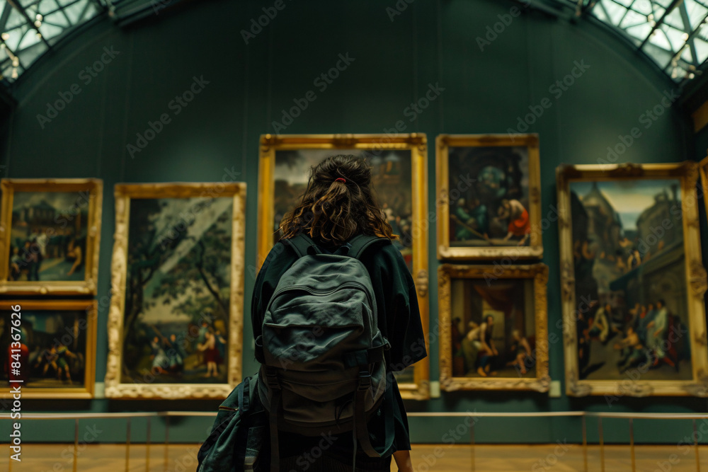 a woman with a backpack looking at paintings a woman with a backpack looking at paintings