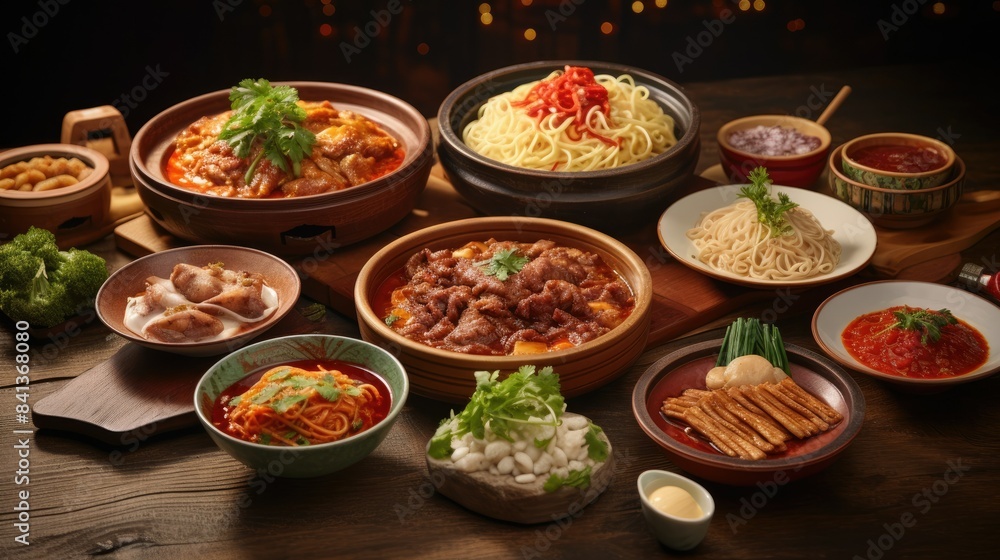 Photograph of a rustic wooden table adorned with a variety of pork noodle dishes, each bowl showcasing a unique regional style, from spicy Sichuan noodles to comforting Taiwanese lu rou fan. Photograph of a rustic wooden table adorned with a variety of pork noodle dishes, each bowl showcasing a unique regional style, from spicy Sichuan noodles to comforting Taiwanese lu rou fan.