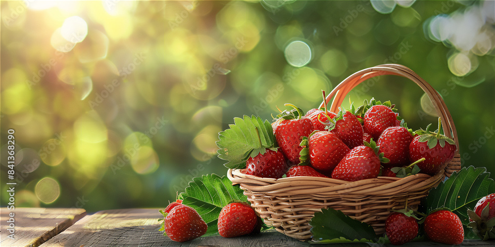 strawberries in a basket on wood table in park at morning strawberries in a basket on wood table in park at morning