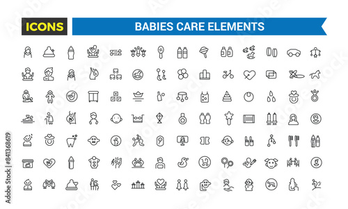 Babies, baby toys, feeding and care elements icon set. Outline icons pack. Editable vector icon and illustration.