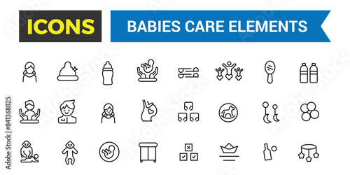 Babies, baby toys, feeding and care elements icon set. Outline icons pack. Editable vector icon and illustration.