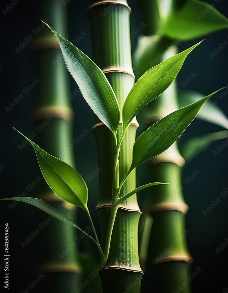 Obraz premium A close-up view of a bamboo stalk with several leaves extending from it