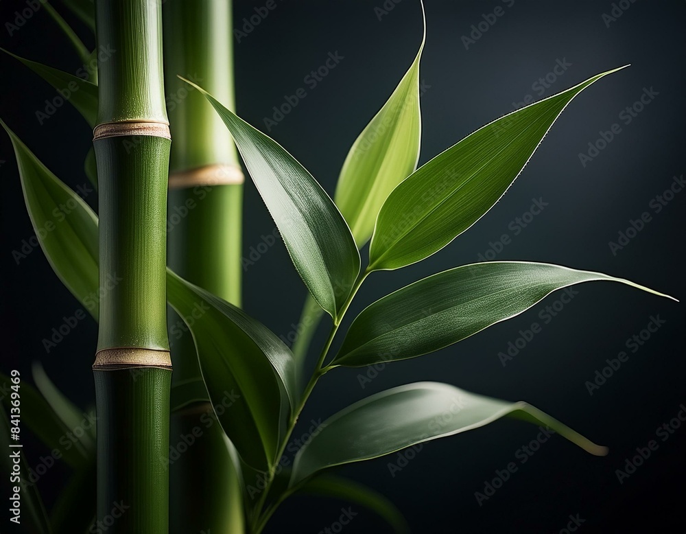 Obraz premium A close-up view of a bamboo stalk with several leaves extending from it
