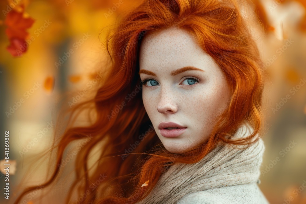 Captivating redhead woman with freckles in a cozy scarf surrounded by vibrant autumn foliage Captivating redhead woman with freckles in a cozy scarf surrounded by vibrant autumn foliage