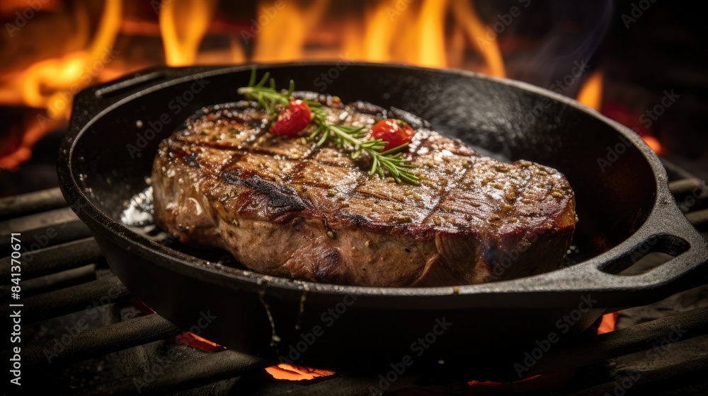 Photograph of a sizzling ribeye steak on a cast iron skillet, with flames licking up the sides. Photograph of a sizzling ribeye steak on a cast iron skillet, with flames licking up the sides.