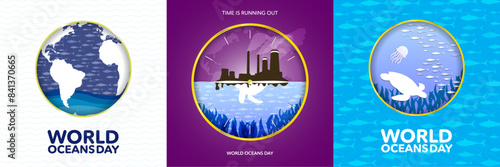 World Oceans Day Greeting Card template set. Celebrated June 8 World ocean's day paper art with fish, ocean, turtle, seaweeds. Awareness against water pollution. Vector Illustration. Factory pollution