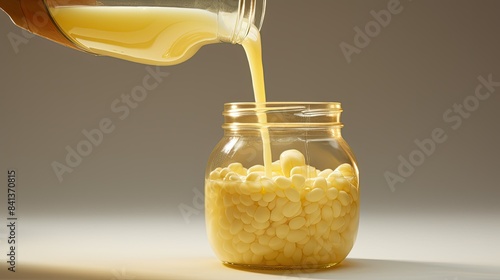Photograph of a soybean model being poured out of a jar onto a bright white background photo