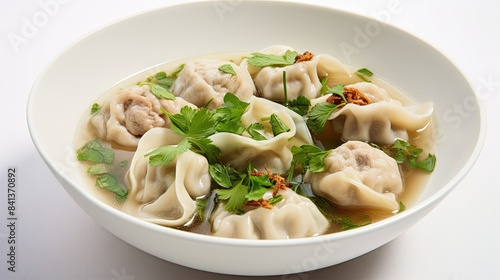 Photograph of a steaming bowl of pork wonton soup with delicate wontons, fresh cilantro, and a sprinkle of crispy shallots, set against a clean white background