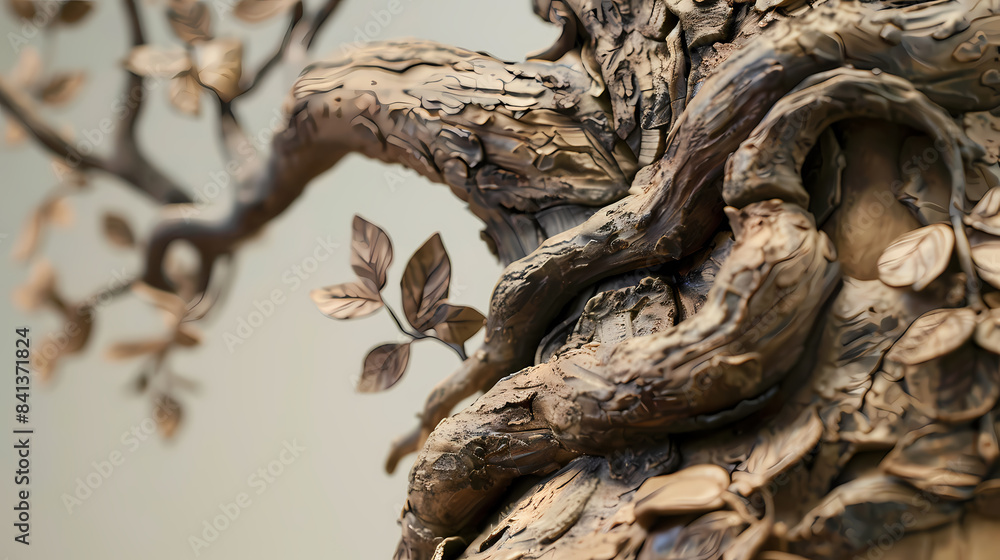 A tree sculpture made of clay sits on a table A tree sculpture made of clay sits on a table