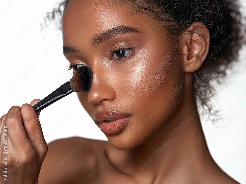 Obraz premium Young Asian woman with Contour and Highlight makeup sample,Young beautiful womman applying makeup using a brush,Professional Contouring face make-up over,Make up woman face.