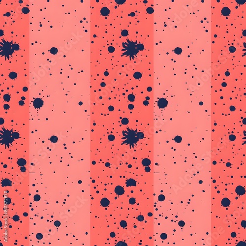 A pink and blue striped background with black and blue dots. The background is a mix of colors and the dots are of different sizes. The image has a playful