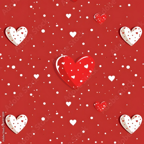A red background with white hearts scattered throughout. The hearts are all different sizes and are placed in various positions. Scene is one of love and affection