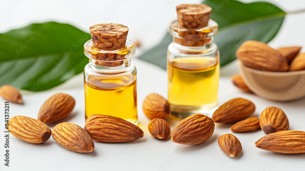 Fragrant almond oil with almond on a white background. Bottles of almond essential oil Fragrant almond oil with almond on a white background. Bottles of almond essential oil