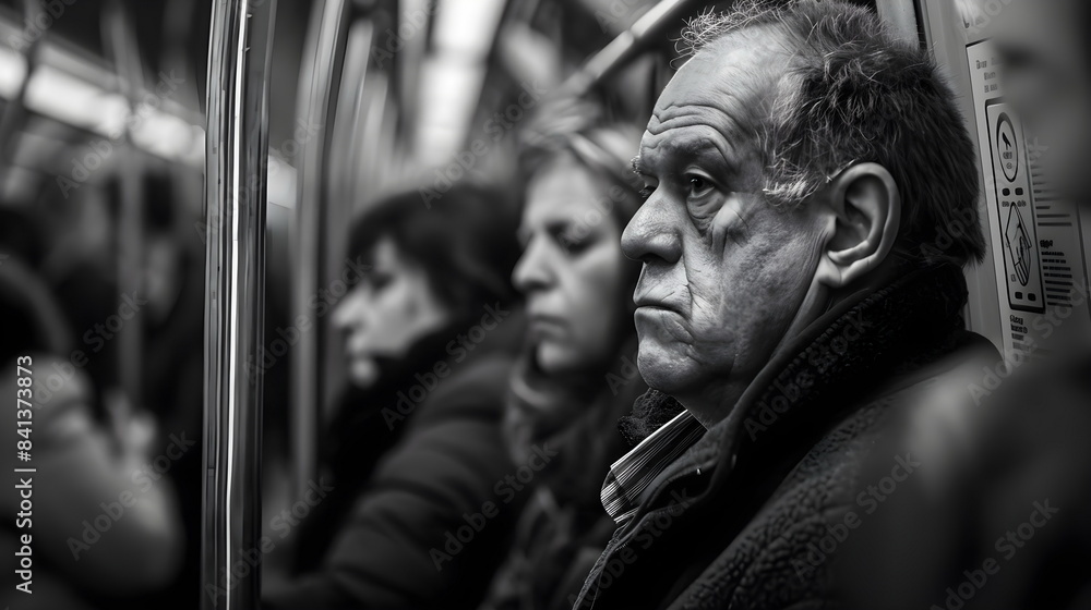 Elderly Man Contemplative Expression Public Transport City Life Monochrome Elderly Man Contemplative Expression Public Transport City Life Monochrome