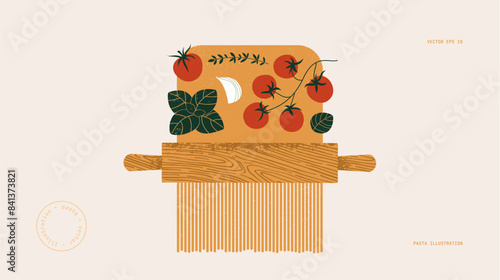 Pasta cooking. Rolling pin with pasta dough and tomatoes with basil. Italian food horizontal background. Vector illustration