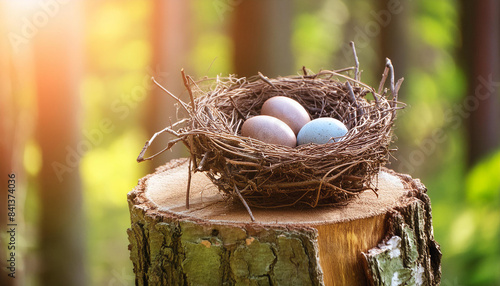 Nest with bird eggs on tree stump. Natural forest scene. Beautiful nature. Wildlife image. Close-up.