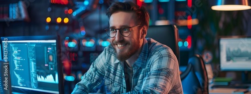 Smiling Bearded Director of Ethical Hacking Intently Working on Computer at Desk