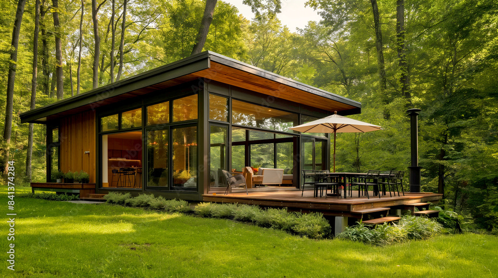 A modern cabin with an open wooden floor and large glass windows, a Modern house with a patio and functional outdoor furniture