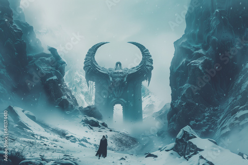 Viking goes through a huge gate with horns to Valhalla	 photo