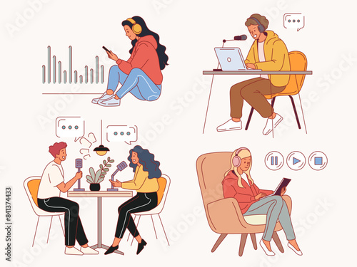 People streaming. Podcast participants with microphones and headphones, listeners, presenters and guests, interviews broadcast, men and women bloggers. Cartoon flat isolated vector set