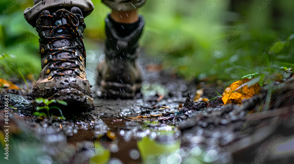 A person is walking through a muddy forest with their boots in the mud A person is walking through a muddy forest with their boots in the mud