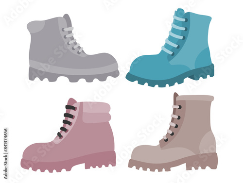 Hiking shoes vector set cute cartoon style.