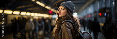 Woman in grey hat amongst crowds at busy train station during evening commute