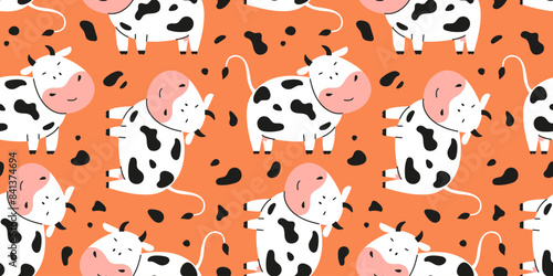 Seamless childish pattern with cute cow and spots