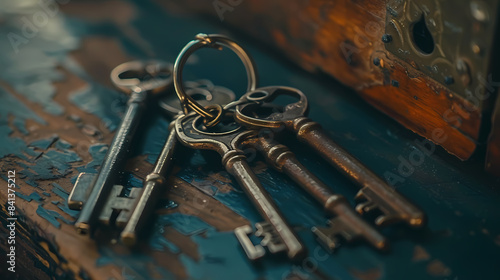 A set of keys are sitting on a wooden surface