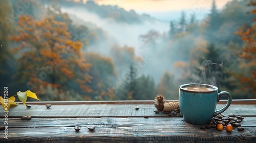 Freshly brewed coffee cup on a wooden table with a misty morning forest backdrop, creating a warm and inviting atmosphere, perfect for advertisements. 