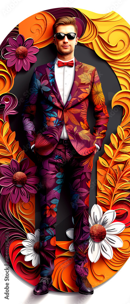 A man in a suit with a bow tie stands in front of a flowery border. The suit is colorful and the man is wearing sunglasses